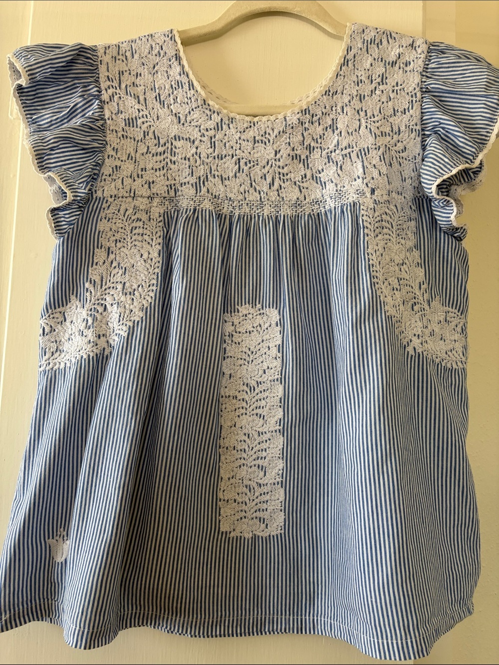 Blue & White Striped Crochet Yoke Flutter Sleeve Blouse